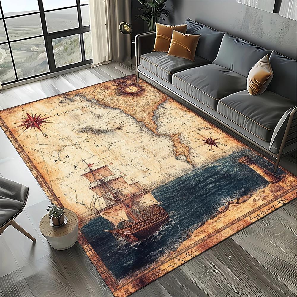 Retro Marine Nautical Chart Compass Carpet Rug for Home Living Room Bedroom Sofa Doormat Decor, Floor Mat