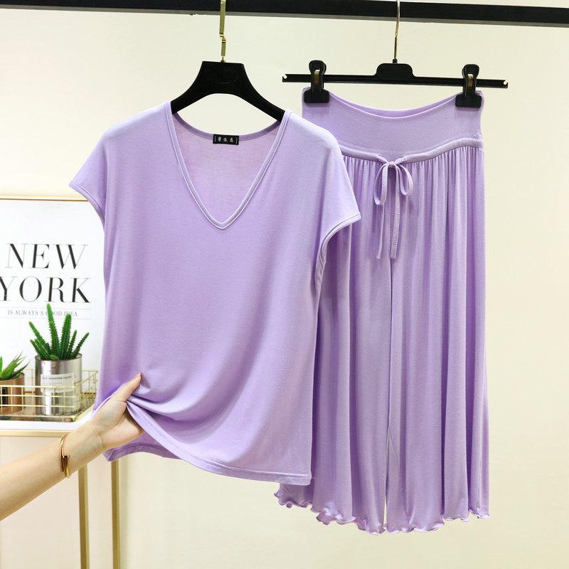Plus Size M To 6XL Modal Casual Pajamas Sets V-Neck Sleeves Tshirts with Drawstring Ruffle Trim Cropped Pants High Waist Loose Fit Lounge Sets