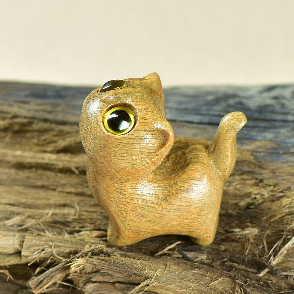 Sandalwood Cat Desktop Figurine Kawaii Animal Sculpture Office Figurine Animal Doll Toy  Home