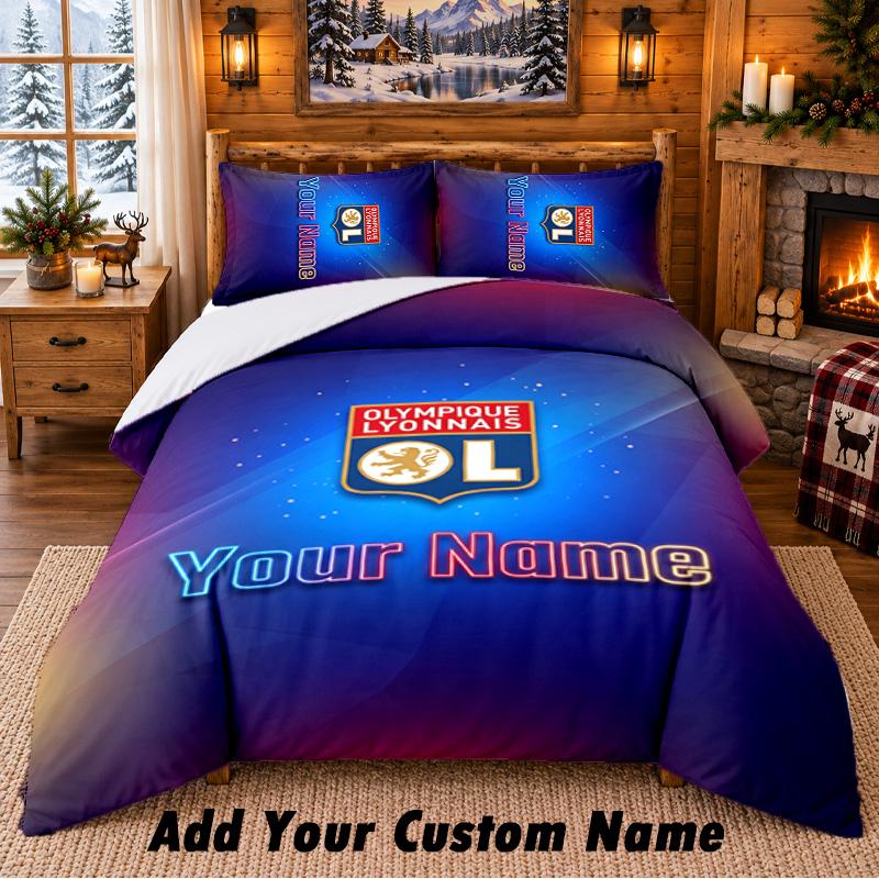 Lyon FC Pattern Bedding 3Pcs Set Custom Name, Bed Sheet And Pillowcases For Home Bedroom