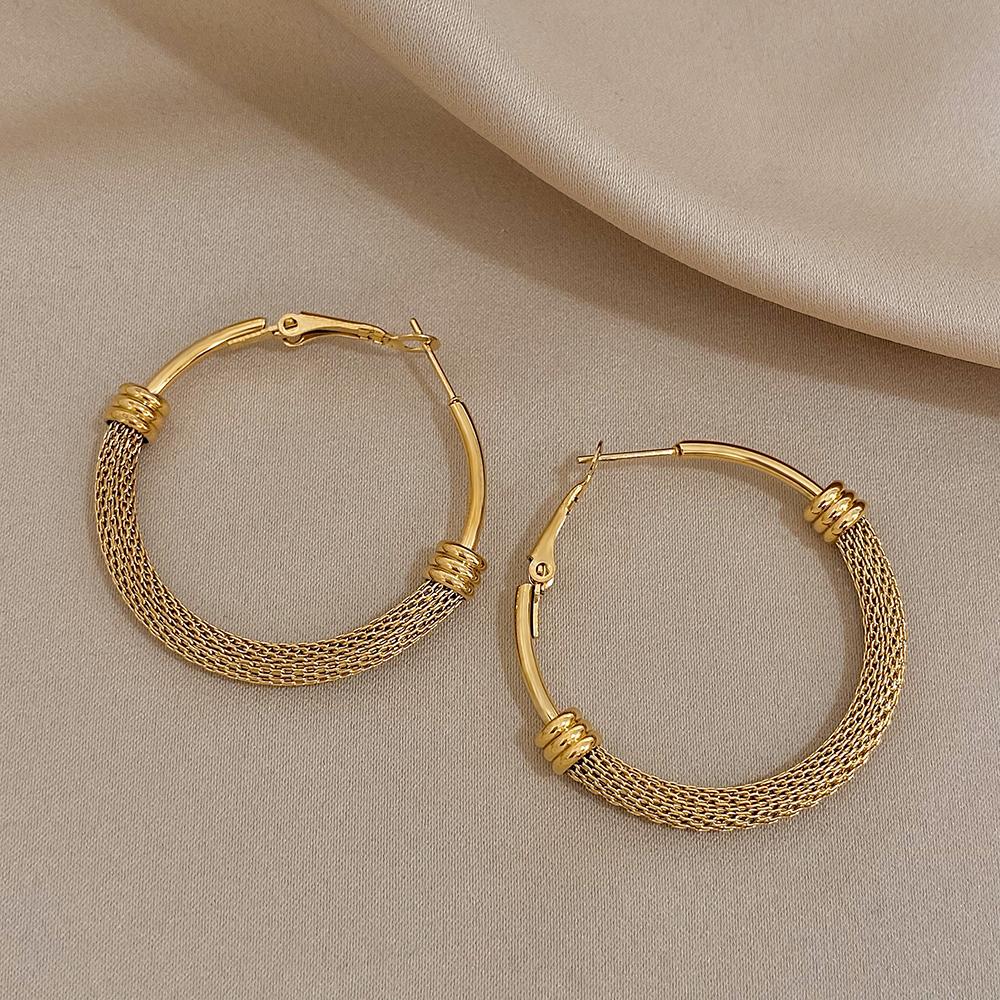 FLASHBUY Stainless Steel Gold Color Geometric Metal Mesh Earrings for Women Girls New Trend Hoop Ear Jewelry Gift