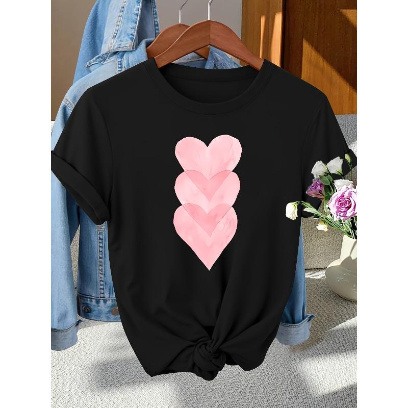 

European Size Women s Vintage Pink Layered heart print T-Shirt - Short Sleeve Blouse with Round Neck, Spring Summer Fall Casual & Dressy Top 4XL чорний