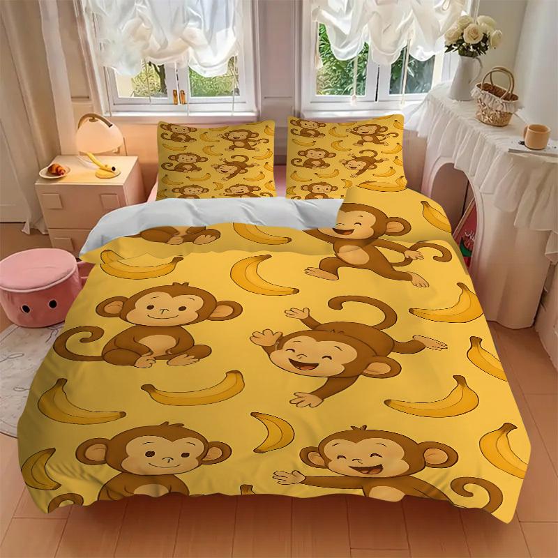 3pcs bedding set Monkey Banana Includes 1 Comforter + 2 Pillowcases, Without Pillow Inserts, Soft Comfortable, Lightweight Breathable, Print