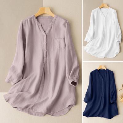 Women Shirt V-neck Buttons Half Placket Long Sleeve Loose Fit Casual Style
