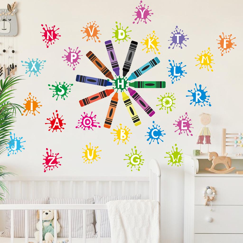 Colorful Crayon Alphabet Wall Stickers, Educational ABC Letters Removable Decals for Kids Room Nursery Learning Decor