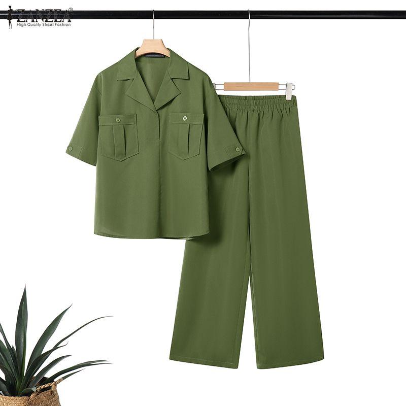 ZANZEA Women Half Sleeve Blouse and Pants Casual Two Piece Suit Sets