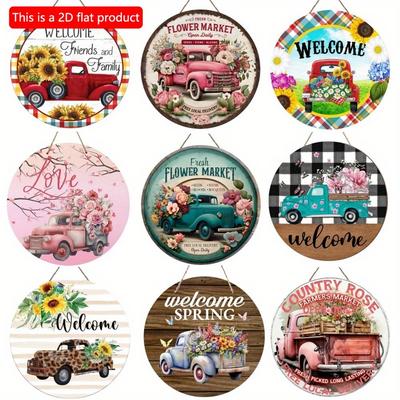 1pc 2d Flat Retro Round Wooden Sign Flower Market Flower Truck, Novel and Interesting Garage Bar Kitchen Home Family Friend Gift Wooden Sign- 20cm