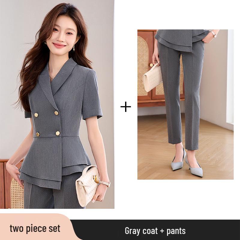 Women's Summer Short-Sleeve Suit Set - Elegant, High-End Professional Attire for Front Desk Managers