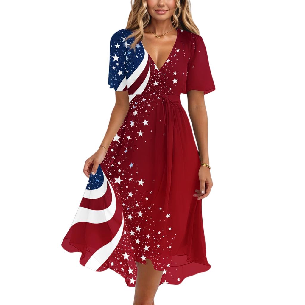 Women V Neck Short Sleeve Casual Dress with Star and Stripe Print Loose Fit Knee Length for Daily Wear Holiday Party