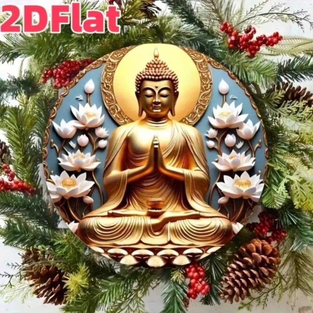 Metal Wall Art Golden Buddha Circle Retro Design Soft Blue Background Home Decor