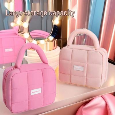 Borsa a mano a soffio in cotone di grande capacità: Borsa da viaggio cosmetica color caramella