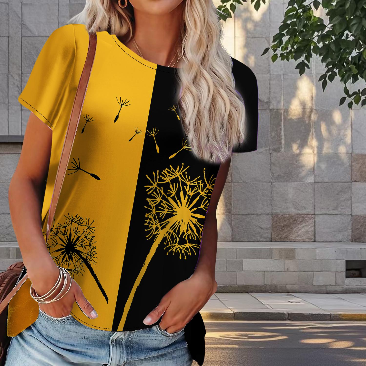 

Женская летняя футболка с принтом одуванчика в стиле ретро, футболки с коротким рукавом, повседневные топы с принтом 8XL жёлтый