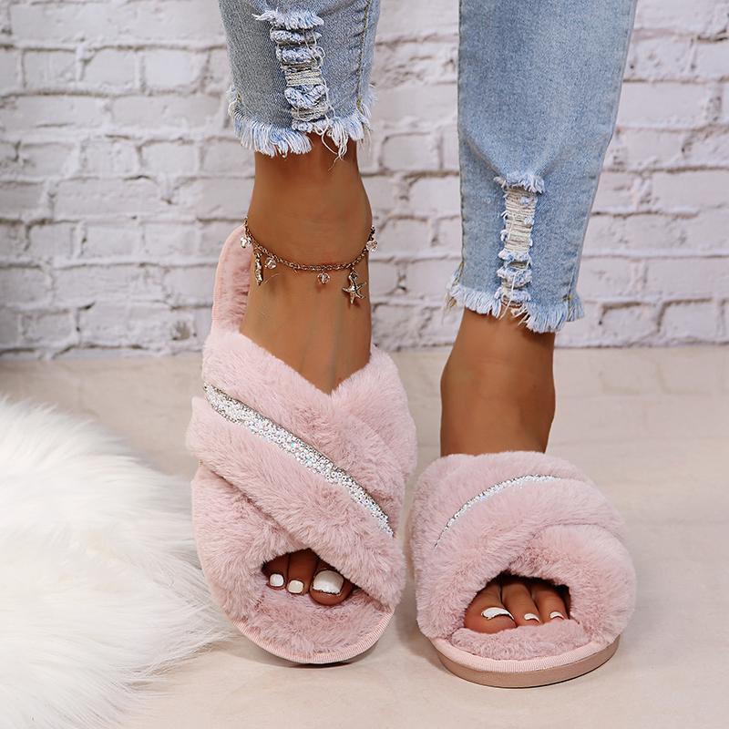 Fashion 2025  Shiny Crystal Decor Indoor Slippers Women Winter Warm Thicken Plush Cotton Slippers Woman Comfort Light Non Slip Slides
