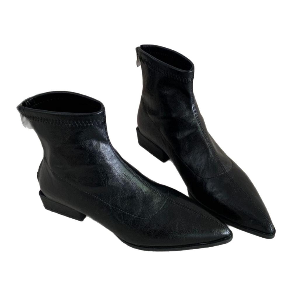 Cowhide version~ Huge good-looking short boots women's autumn and winter pointed season thin elastic thin boots soft leather thick heel Chelsea boots
