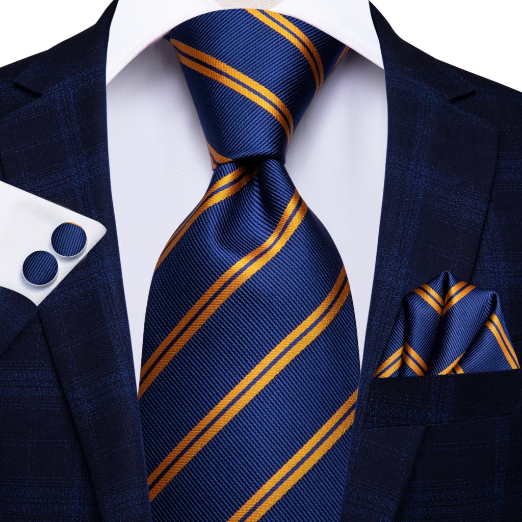 Hi-Tie Navy Blue Striped Silk Wedding Tie For Men Fashion Design Gift Men Necktie Hanky Cufflink Set Business Party Dropshiping