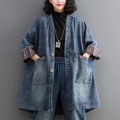 Retro V-hals Zak Denim Jas Vrouwen Herfst Losse Grote Versie van De Middellange Windjack