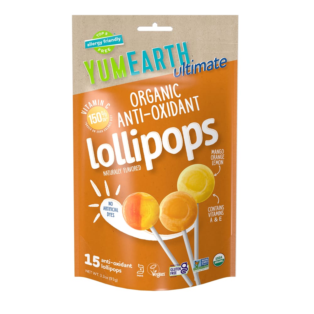 YumEarth Ultimate Antioxidant Lollipops, Mango, Orange & Lemon Flavors, 15 Count, 93g (3.3oz)