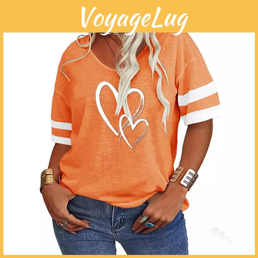 Size Plus T 3d 7xl Shirt Women V Neck Casual Loose Cross Heart Printed Contrast Color Short Sleeve Tshirts