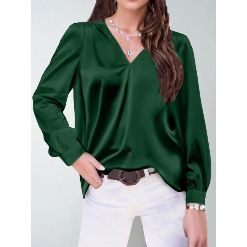 Plus Size Women's Pleated Long Sleeve V Neck Casual Loose Commuter Top