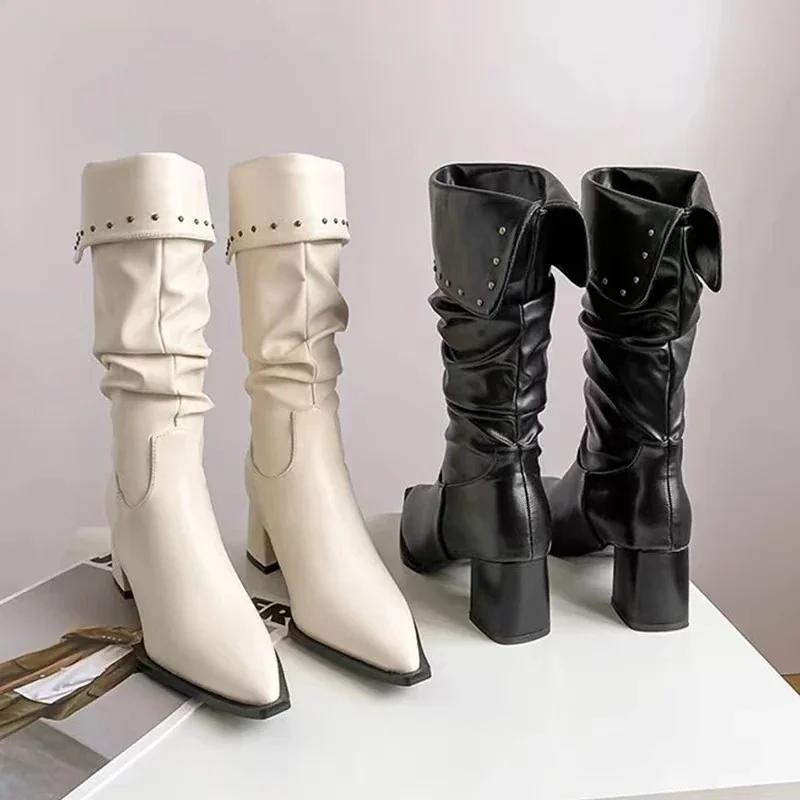 Fashion Autumn Winter Women Boots Point Toe High Heels Retro Ladies High-end Leather Chelsea Boots Platform Mid Calf Boots Female Botas