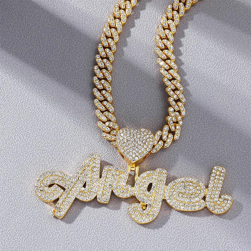 European & American Full Diamond "ANGEL" Cursive Pendant Necklace - Hip Hop Style