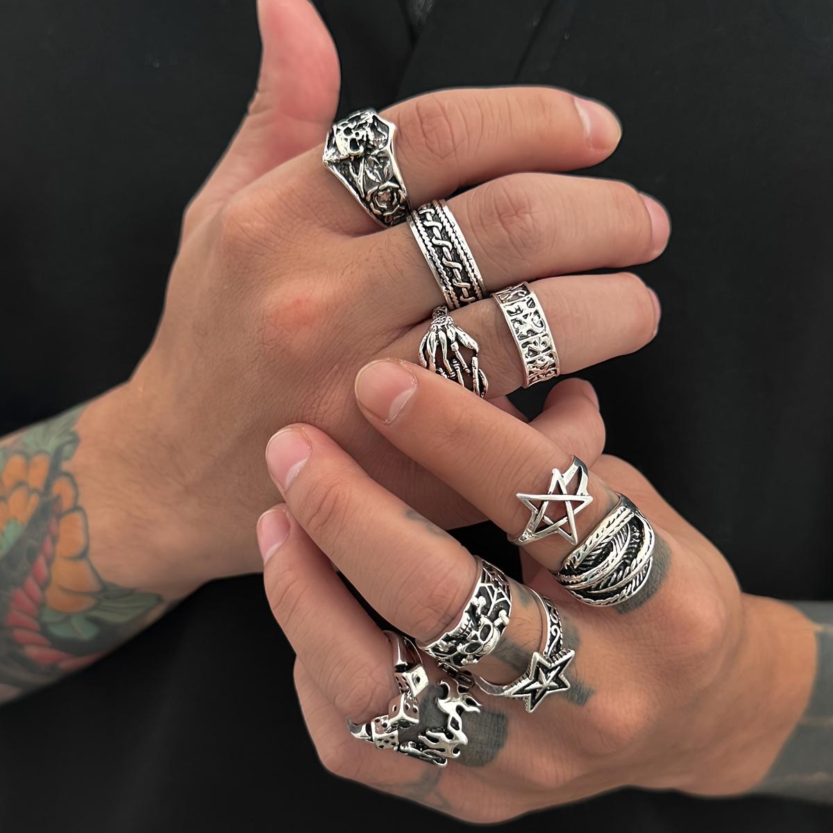 Fashionable street punk gothic skull and star ring set Men s jewelry for everyday casual wear accessories Ancient Silver