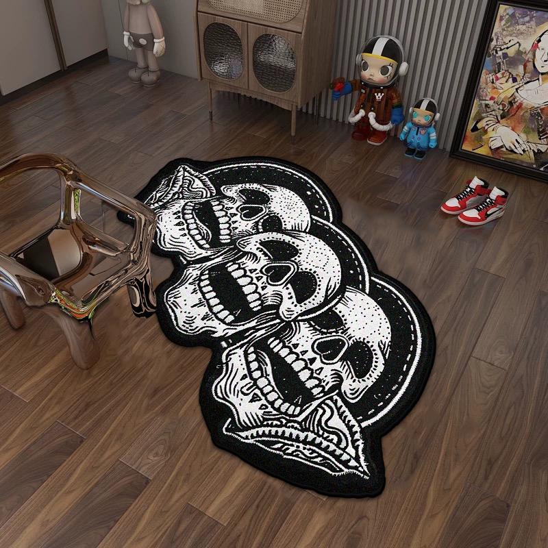 Black White Smiling Face Skull Soft Carpet Decor Home Bedroom Bedside Creative Rug Living Room Non-slip Plush Love Floor Mats