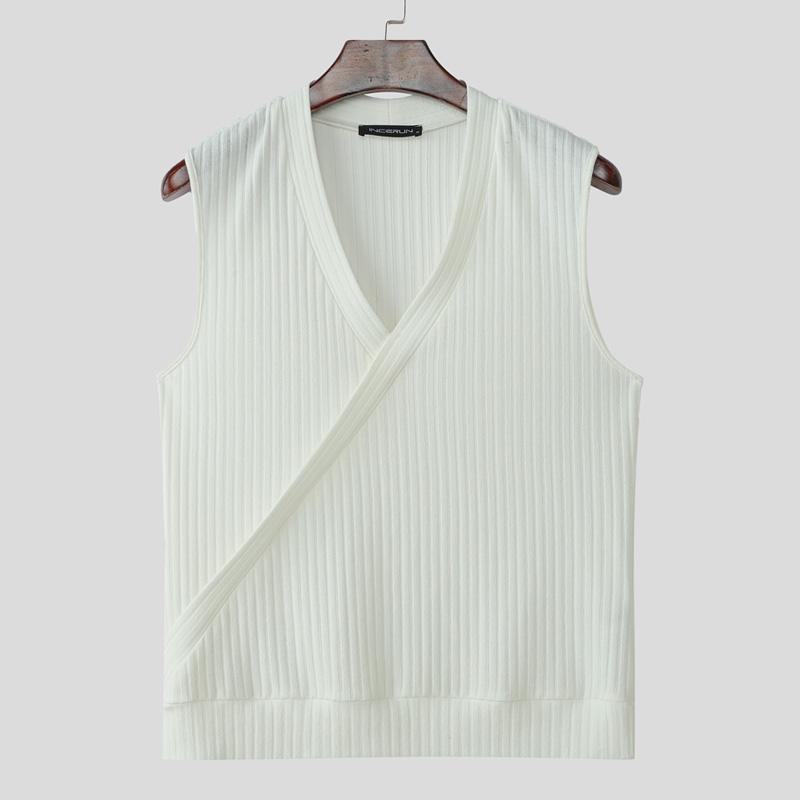 INCERUN Summer Men V Neck Front Cross Solid Rib Casual Tank Tops Undershirts