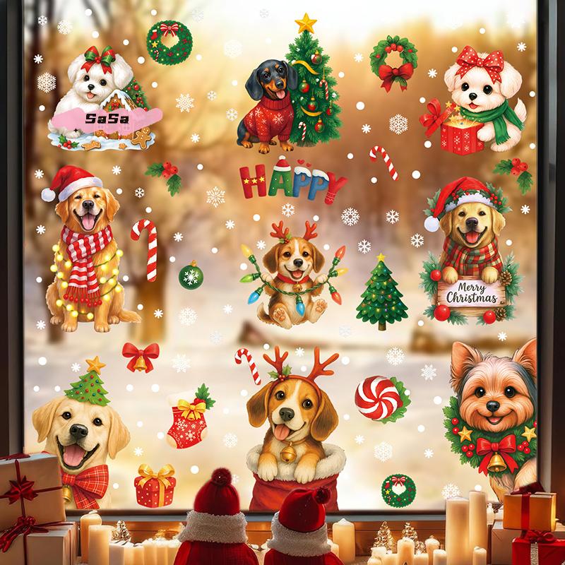 Christmas Wreath Puppy Glass Stickers Static Decorations Gift Box Shopping Mall Window Decoration Holiday Theme