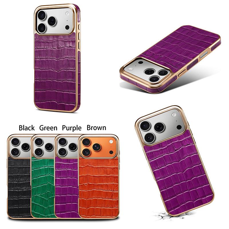 Denior Genuine Leather Crocodile Pattern Case for iPhone 17 Pro Max & iPhone 16 15 Pro Max фиолетовый
