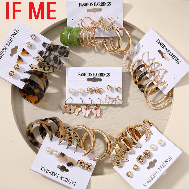 IF ME Trendy Geometirc Gold Round Hoop Earrings Set For Women Big Leopard Resin Hoop Earrings Accessories Jewelry Party