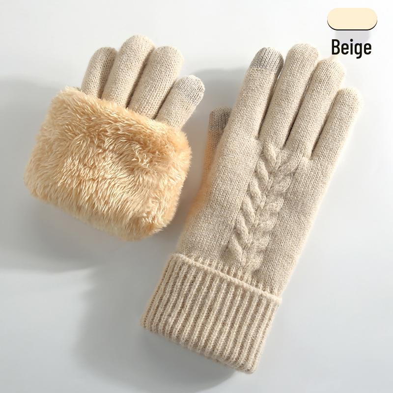 Women's Winter Knitted Touchscreen Gloves - Double-Layer Fleece-Lined, Thick Warm for Outdoor Cycling