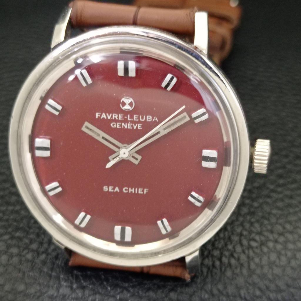 HAND-WINDING VINTAGE FAVRE LEUBA 253 SEA CHIEF SWISS MENS BROWN WATCH A702047-5 R208-a702047