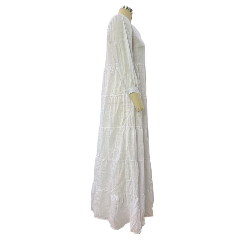 Women Solid Color V Neck Loose Long Sleeve Bohemian Midi Dress