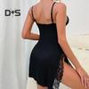 Women Sexy Nightdress Deep V Neck Backless Sleeveless Lace Patchwork Split Bow Decor Solid Color Soft Above Knee Length Lady Sleepwear Dress