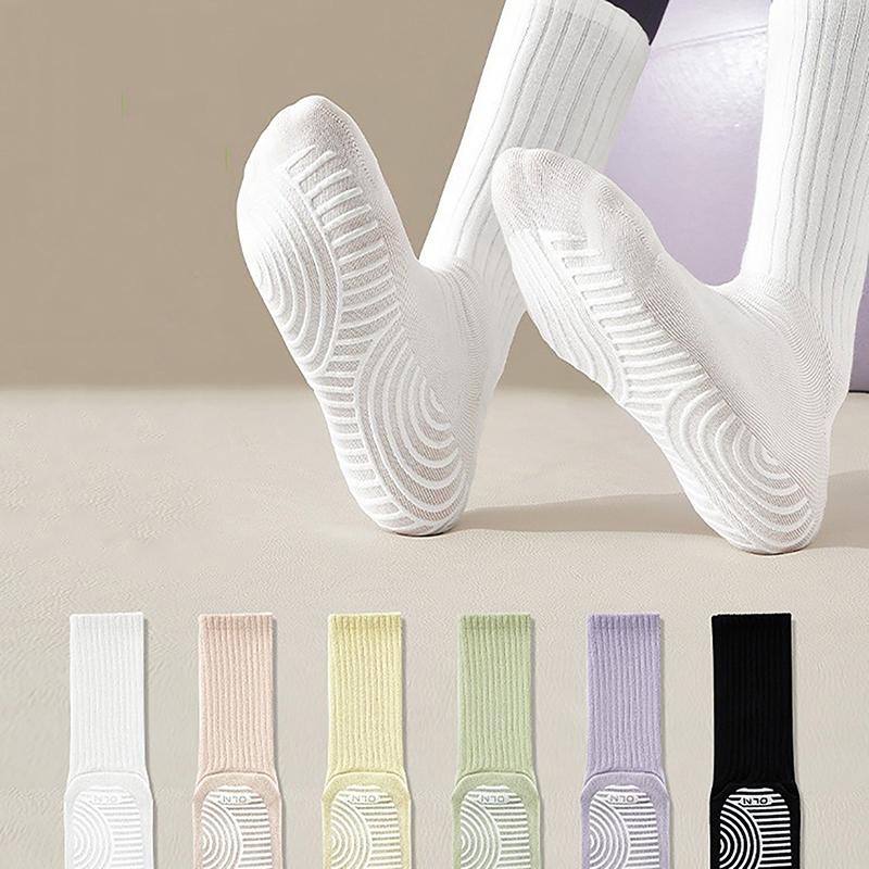 Cotton Mid-Calf Solid Color Silicone Non-Slip Sports Stockings Fitness Pilates Yoga Socks Women Dance Socks Floor Socks