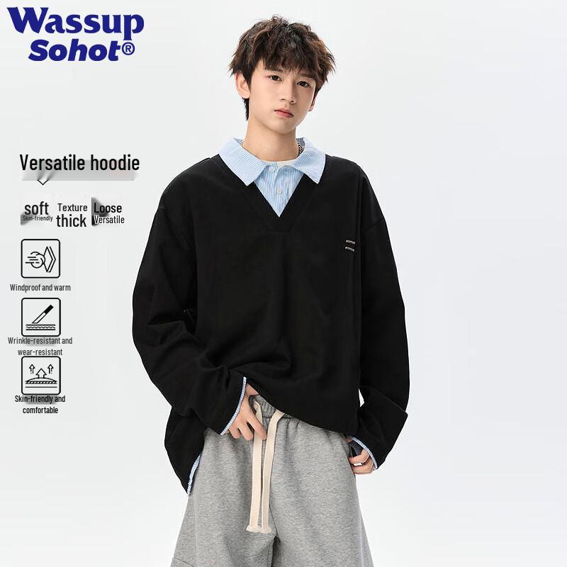 Wassup Sohot Men s Retro Plaid Faux Two-Piece Lapel Sweatshirt M