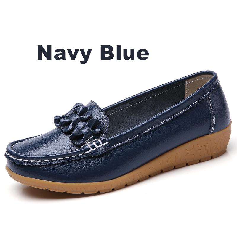 

Women Ladies Female Mother Genuine Leather Shoes Flats Loafers Slip On Breathable Soft Bow Plus Size 41 42 JTS-169 44 темно-синього кольору