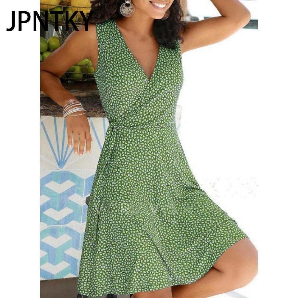 JPNTKY Polka Dot Print Kleid Damen Ärmellos Bandage Strandkleid Sommer Bohemian Kleider Für Damen Lässig V-Ausschnitt Kleider Damen robe XXXXXL grün