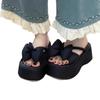 French black platform heightening sandals female 2025 summer new gentle fairy wind bow word slippers
