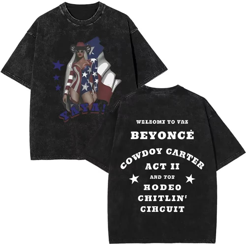 Singer Beyonce Pop Music Album Logo Washed Tshirt Cowboy Carter T Shirts Men Vintage Oversized Tee Shirt Casual Cotton Tshirts