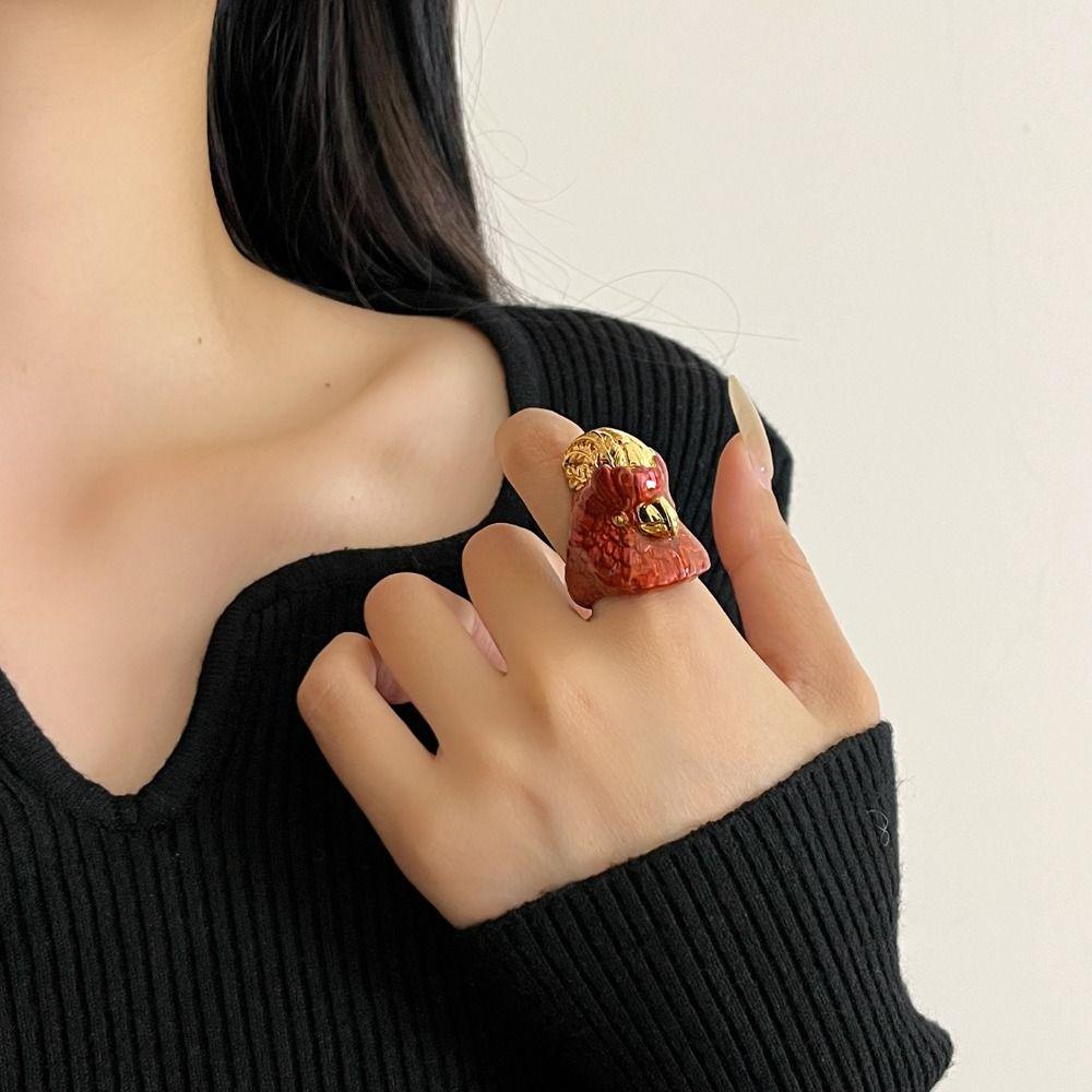 Kawaii Exaggerated Ring Geometric Chunky Enamel Ring Personality Parrot Drip Oil Ring  Gift