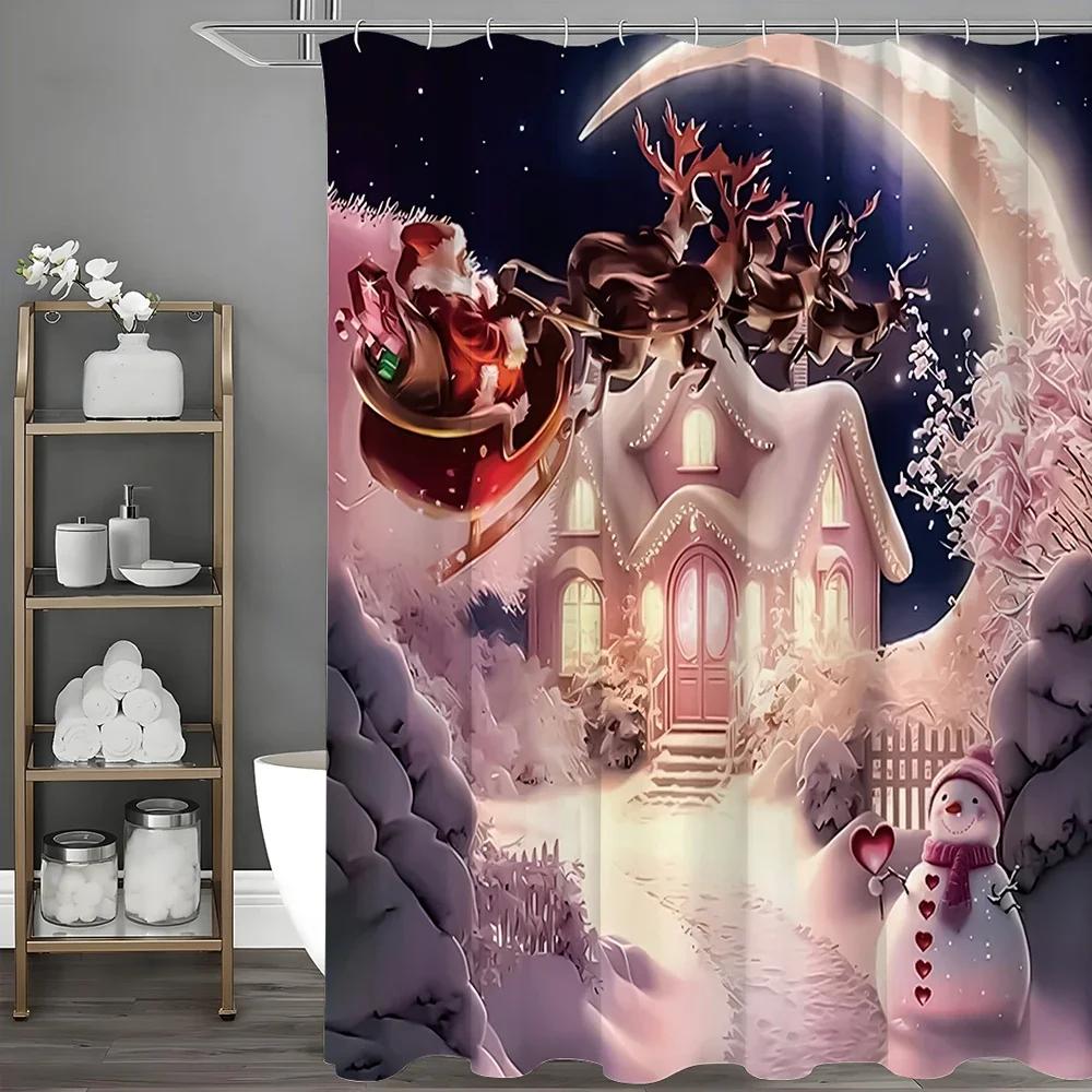 Christmas Pink House Snowman Santa Claus Shower Curtain, Bathroom Decorative Shower Curtain, Waterproof Shower Curtain with Hook