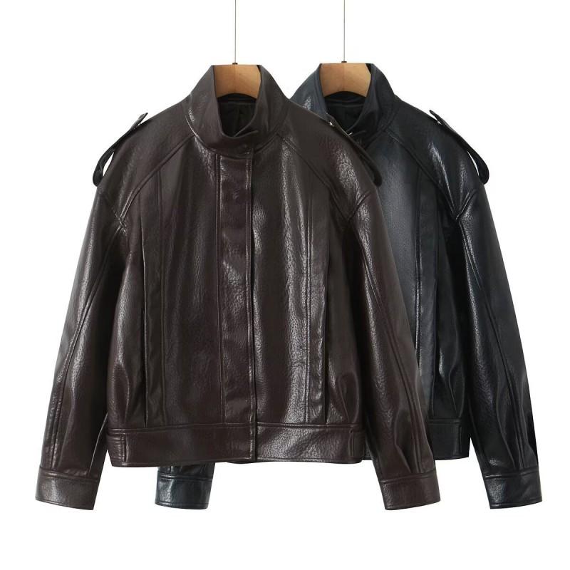 Womens Winter PU Faux Leather Jacket Loose Fit Stand Collar Zipper Coat Casual Chic Outerwear