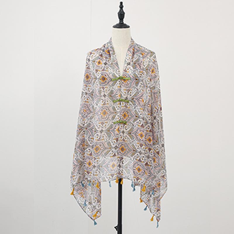 "Summer Ethnic Style Cotton-Linen Shawl: Handmade Retro Button Sunscreen Beach Cover-Up"