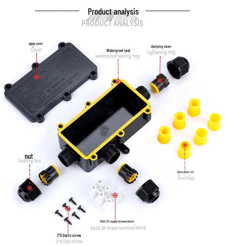 Hydraulická vodotěsná krabice pro kabelové konektory: Stříkající vodě odolná rozbočovací krabice 1 vstup / 2 výstupy pro vysoký výkon