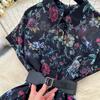 French Vintage Print Lapel Dress Women's Short Sleeve Floral Print High Waist Belt Office Lady Maxi Clothing Female