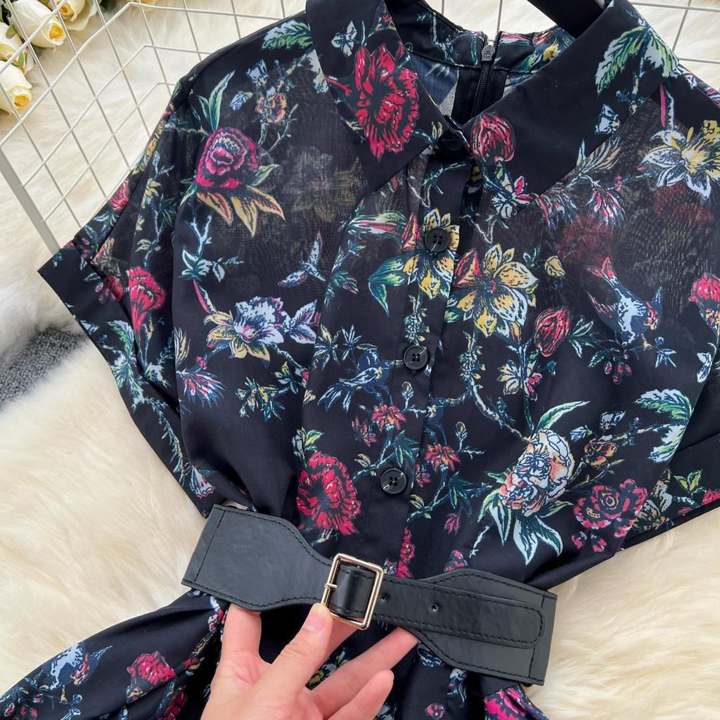 French Vintage Print Lapel Dress Women's Short Sleeve Floral Print High Waist Belt Office Lady Maxi Clothing Female