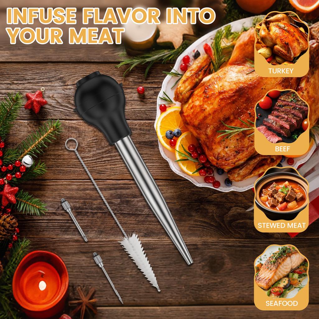 Turkey Baster Stainless Steel Turkey Baster Syringe Reusable BBQ Meat Syringe Marinade Injector with Cleaning Brush for Cooking