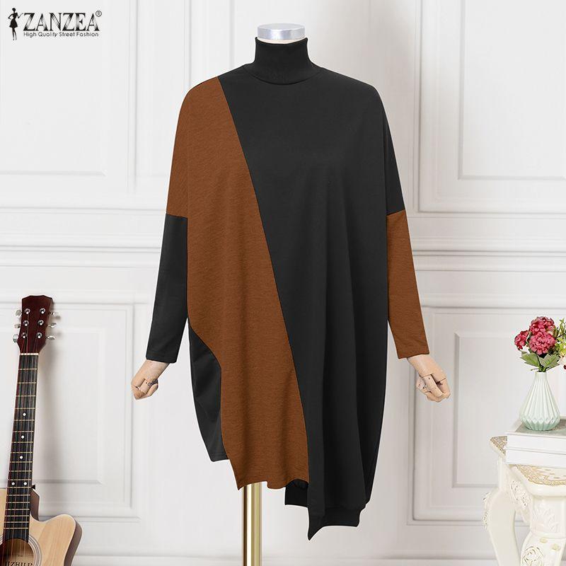 ZANZEA Women Casual Turtleneck Long Sleeve Patchwork Dress